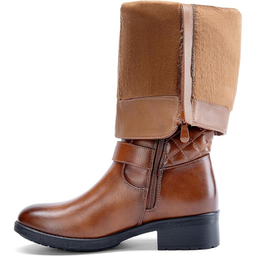 DREAM Tan PAIRDREAM PAIRS Comfortable Block Heel Side Zipper Biker Boots - Picture 4 of 8